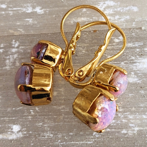 Fiery Pink Fire Opal / Harlequin  In Gold Plated Earrings.. - Picture 7 of 7